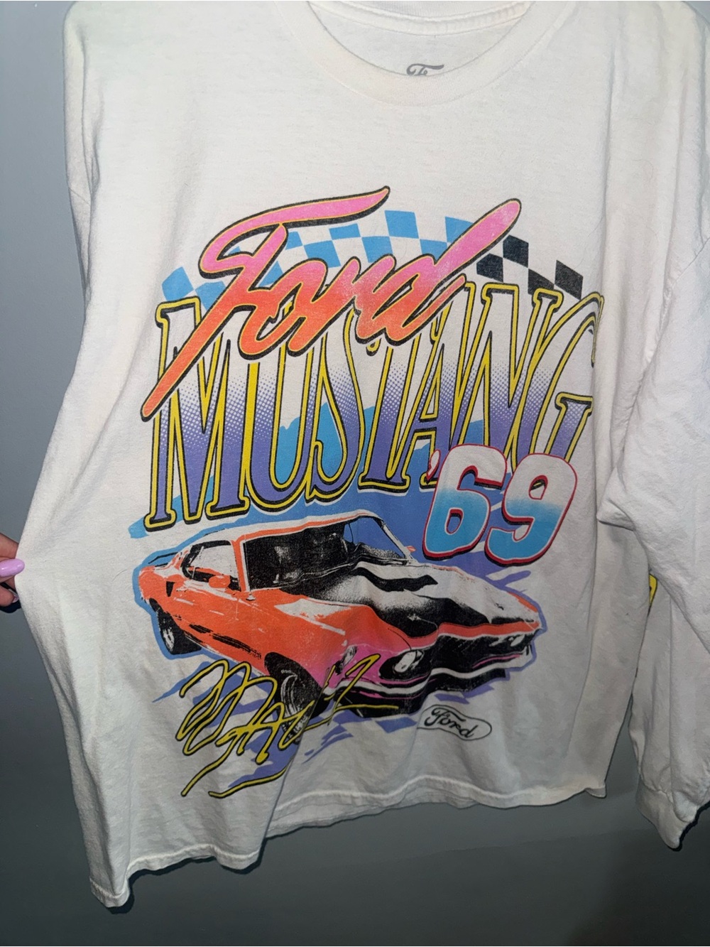 Ford White Long Sleeve Tee with Retro Multi-Color Mustang Graphic 1969